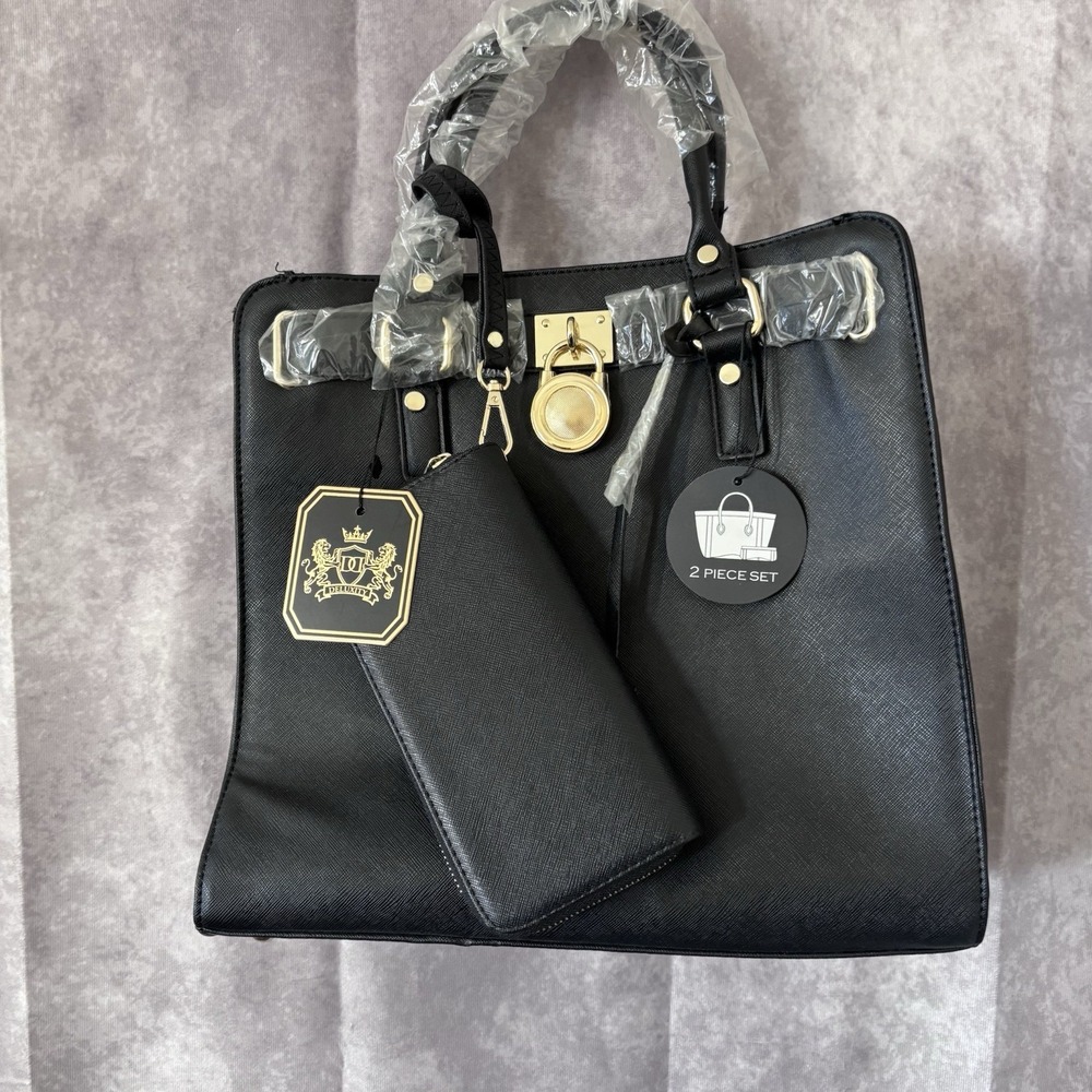 NEW DELUXITY Black Faux Leather Tote Bag Matching Wallet Lock Detail 2 Piece Set